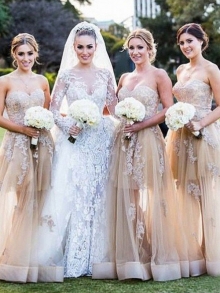 A-Line/Princess Sweetheart Sleeveless Applique Tulle Bridesmaid Dresses