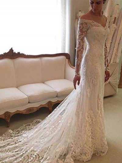 Sheath/Column Long Sleeves Lace Off-the-Shoulder Court Train Wedding Dresses [PON1506EV890]