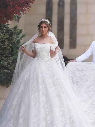 Ball Gown Off-the-Shoulder Lace Short Sleeves Tulle Court Train Wedding Dresses