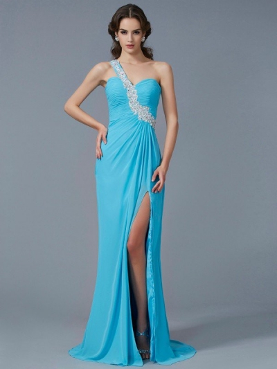 Sheath/Column One-Shoulder Sleeveless Beading Applique Long Chiffon Dresses [40085]