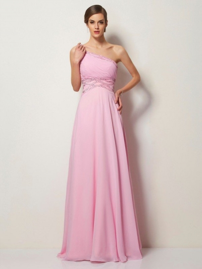 A-Line/Princess One-Shoulder Sleeveless Long Beading Chiffon Dresses [40144]