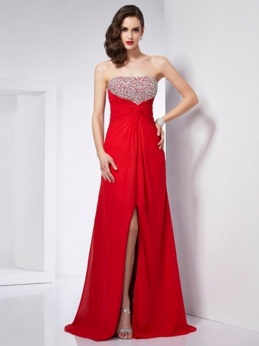 A-Line/Princess Sleeveless Strapless Beading Long Chiffon Dresses