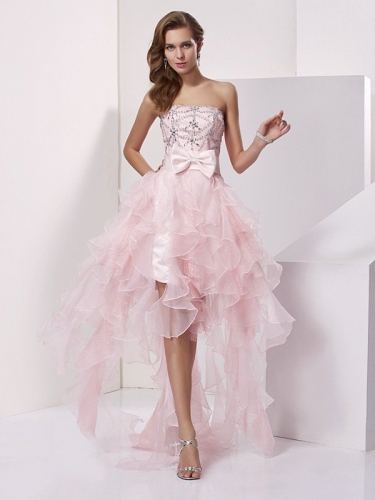 A-Line/Princess Strapless Sleeveless Beading High Low Organza Homecoming Dresses