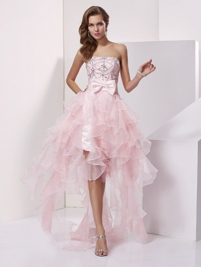 A-Line/Princess Strapless Sleeveless Beading High Low Organza Homecoming Dresses [40175]