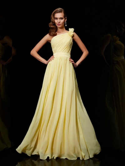 A-Line/Princess One-Shoulder Sleeveless Hand-Made Flower Long Chiffon Bridesmaid Dresses [40208]