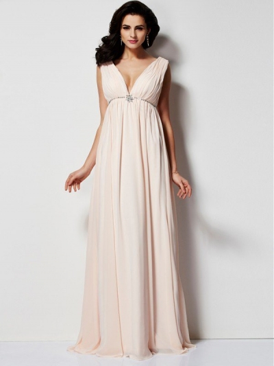A-Line/Princess V-neck Sleeveless Pleats Long Chiffon Dresses [40277]