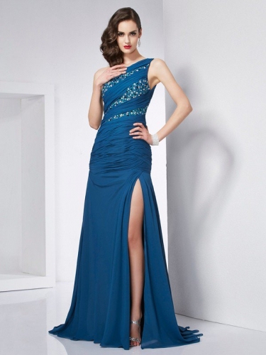 A-Line/Princess One-Shoulder Sleeveless Beading Long Chiffon Dresses