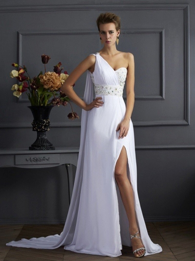 Sheath/Column One-Shoulder Sleeveless Beading Long Chiffon Dresses