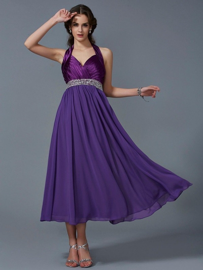 A-Line/Princess Halter Sleeveless Beading Long Chiffon Bridesmaid Dresses [40455]