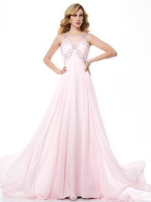 A-Line/Princess Scoop Sleeveless Beading Long Chiffon Dresses