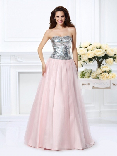 Ball Gown Sweetheart Beading Sleeveless Long Satin Quinceanera Dresses [50019]