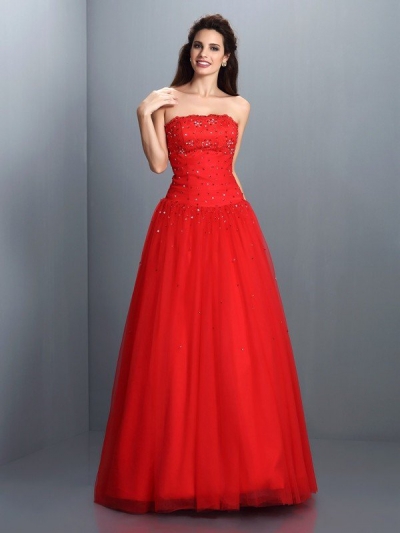 Ball Gown Strapless Beading Sleeveless Long Organza Quinceanera Dresses [50102]