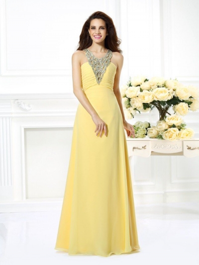 A-Line/Princess V-neck Beading Sleeveless Long Chiffon Dresses [50109]