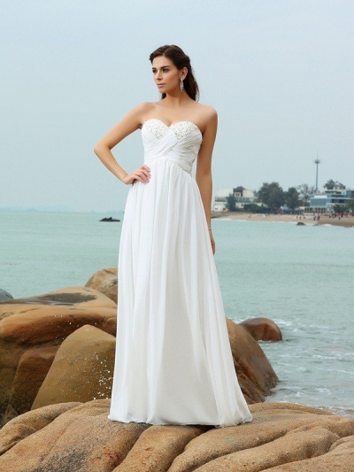 A-Line/Princess Sweetheart Beading Sleeveless Long Chiffon Beach Wedding Dresses [50125]