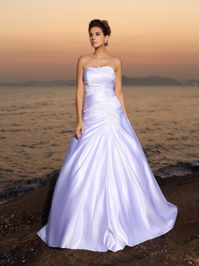 Ball Gown Strapless Beading Sleeveless Long Satin Beach Wedding Dresses [50185]