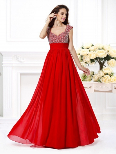 A-Line/Princess Straps Beading Sleeveless Paillette Long Chiffon Dresses [50231]