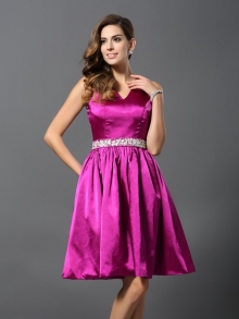 A-Line/Princess Straps Beading Sleeveless Short Elastic Woven Satin Bridesmaid Dresses