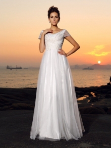 A-Line/Princess Off-the-Shoulder Beading Short Sleeves Long Tulle Beach Wedding Dresses