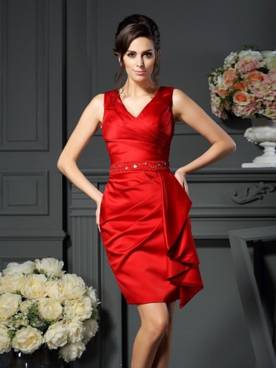 Sheath/Column V-neck Ruched Sleeveless Short Satin Mother of the Bride Dresses [50930]