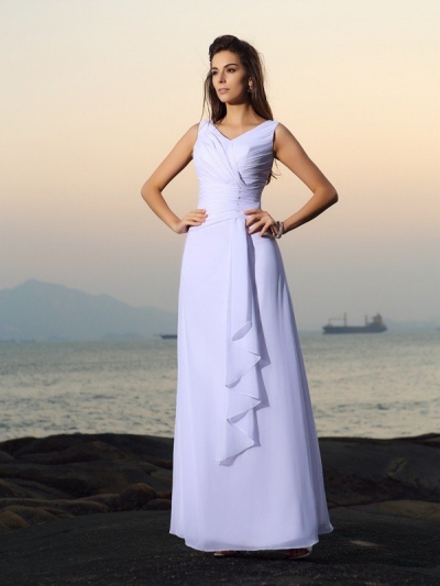 A-Line/Princess V-neck Pleats Sleeveless Long Chiffon Beach Wedding Dresses