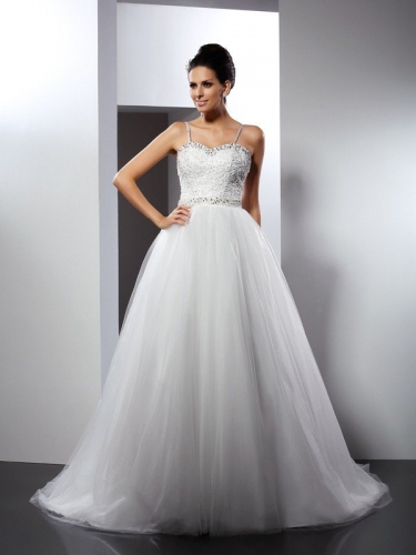 A-Line/Princess Spaghetti Straps Beading Sleeveless Long Tulle Wedding Dresses