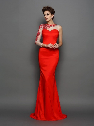 Trumpet/Mermaid High Neck Embroidery Long Sleeves Long Elastic Woven Satin Dresses [51153]