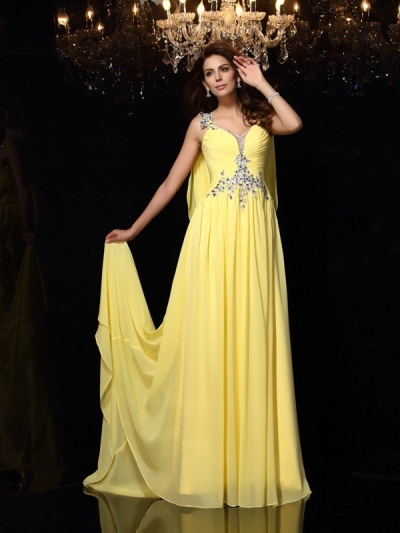 A-Line/Princess Straps Beading Sleeveless Long Chiffon Dresses [51171]