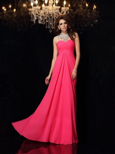 A-Line/Princess High Neck Ruched Sleeveless Long Chiffon Dresses [51194]