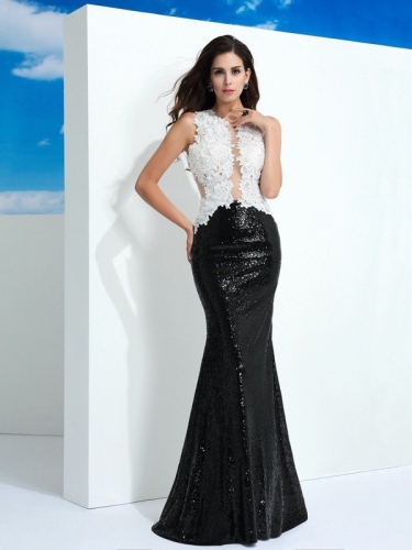 Sheath/Column Scoop Paillette Sleeveless Long Lace Dresses