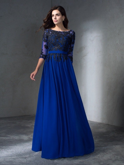 A-Line/Princess Scoop Applique 3/4 Sleeves Long Chiffon Dresses