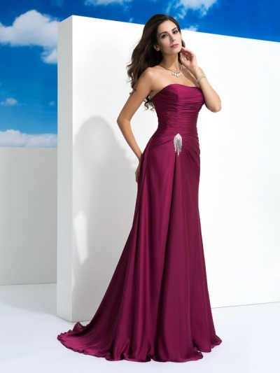 A-Line/Princess Strapless Pleats Sleeveless Long Satin Chiffon Dresses