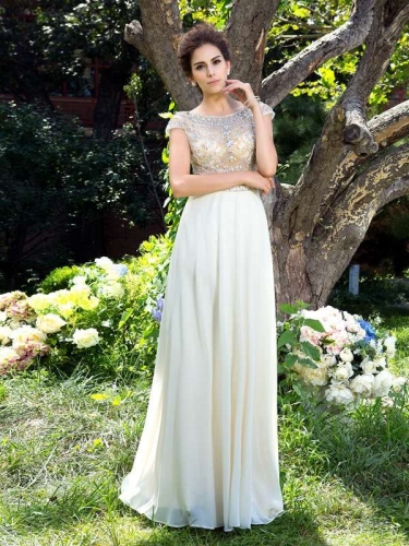 A-Line/Princess Sheer Neck Rhinestone Short Sleeves Long Chiffon Dresses