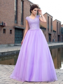 Ball Gown V-neck Applique Short Sleeves Long Net Dresses