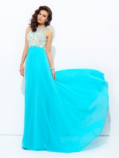 A-line/Princess Scoop Beading Sleeveless Long Chiffon Dresses