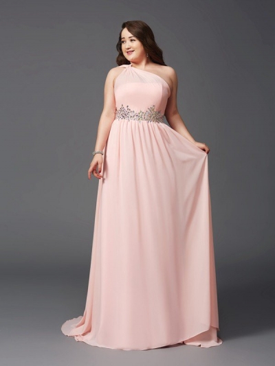 A-Line/Princess One-Shoulder Rhinestone Sleeveless Long Chiffon Plus Size Dresses [60211]