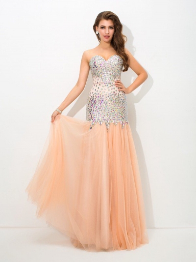 Trumpet/Mermaid Sweetheart Beading Sleeveless Long Net Dresses [60433]