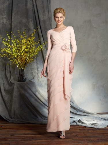 Sheath/Column V-neck Hand-Made Flower 3/4 Sleeves Long Chiffon Mother of the Bride Dresses