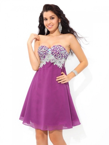 A-Line/Princess Sweetheart Rhinestone Sleeveless Short Chiffon Cocktail Dresses