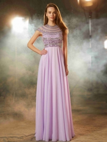 A-Line/Princess Scoop Short Sleeves Floor-Length Beading Chiffon Dresses