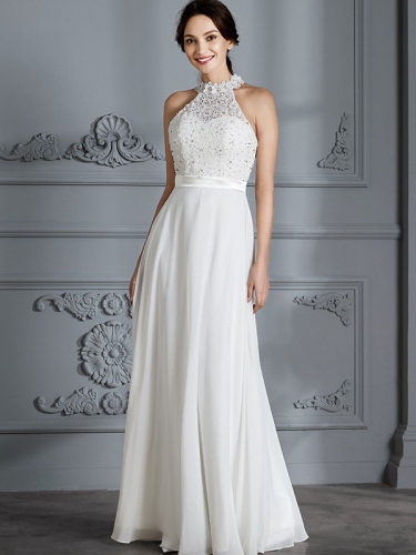 A-Line/Princess Scoop Sleeveless Floor-Length Chiffon Wedding Dresses