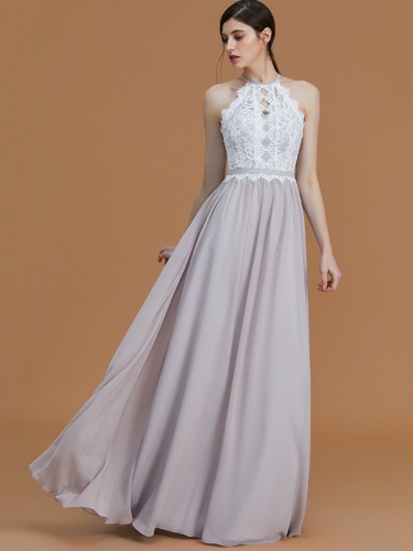 A-Line/Princess Halter Sleeveless Floor-Length Lace Chiffon Bridesmaid Dresses