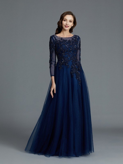 A-Line/Princess Long Sleeves Scoop Beading Floor-Length Tulle Mother of the Bride Dresses [73009]