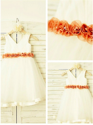 A-line/Princess V-neck Sleeveless Hand-made Flower Tea-Length Tulle Flower Girl Dresses