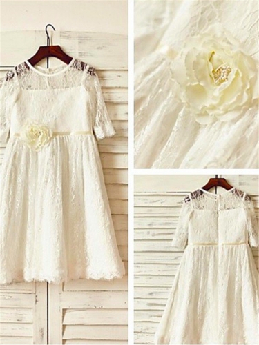 A-line/Princess Scoop Hand-made Flower 3/4 Sleeves Ankle-Length Lace Flower Girl Dresses