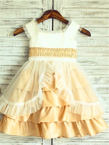 A-line/Princess Square Sleeveless Layers Tea-Length Satin Flower Girl Dresses