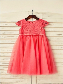 A-line/Princess Scoop Short Sleeves Lace Tea-Length Tulle Flower Girl Dresses