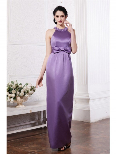 Sheath/Column Scoop Sleeveless Beading Bowknot Long Elastic Woven Satin Bridesmaid Dresses