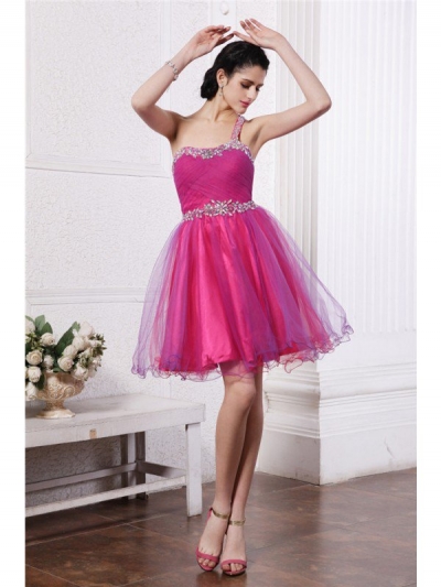 A-Line/Princess One-Shoulder Sleeveless Beading Short Organza Cocktail Dresses