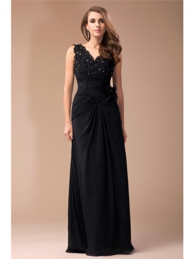 Sheath/Column V-neck Sleeveless Long Beading Lace Chiffon Dresses [N13ZYDRESS87]