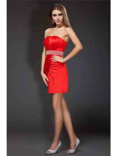 Sheath/Column Strapless Beading Sleeveless Short Satin Cocktail Dresses